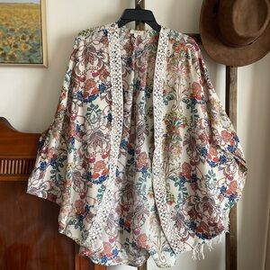 Umgee Multicolor Floral Kimono with Lace Trim